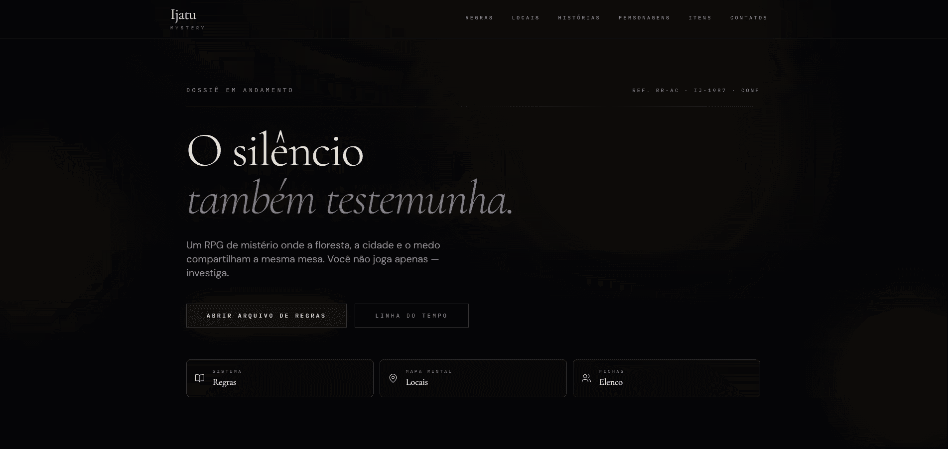 Página inicial do Ijatu Mystery com ambientação escura, título do RPG e navegação pelo universo