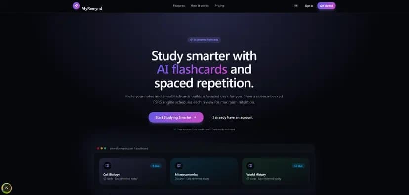 Home do MyRemynd com proposta de estudos por flashcards com IA e prévia do dashboard