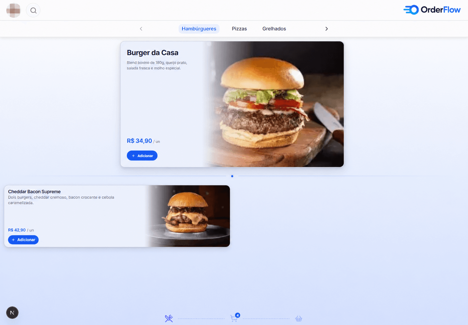 Cardápio digital do OrderFlow com produtos organizados por categorias e preços