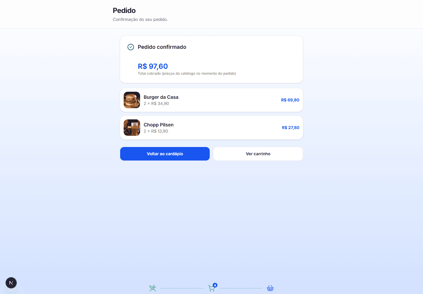 Tela anonimizada do OrderFlow confirmando um pedido e listando os produtos selecionados