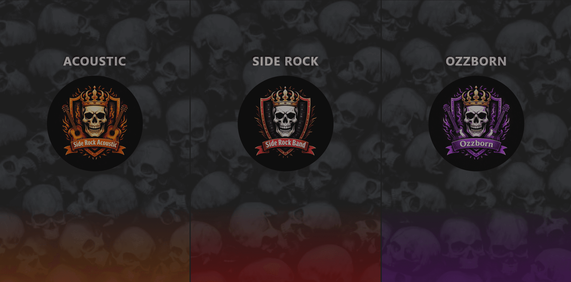 Home do SideRock com entradas para Acoustic, SideRock e Ozzborn em fundo escuro com emblemas da banda