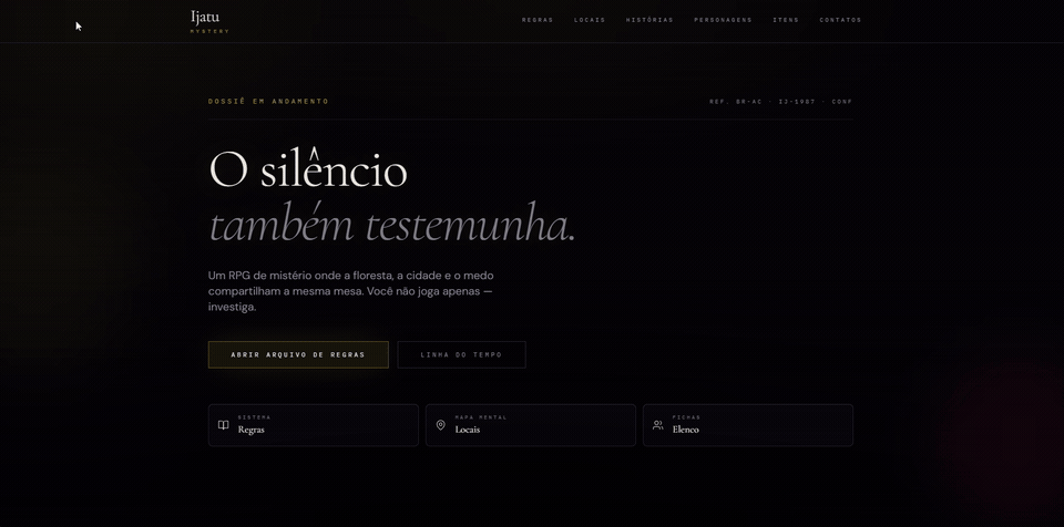 Navegação pela home do Ijatu Mystery entre introdução, regras, linha do tempo, locais, personagens e caso